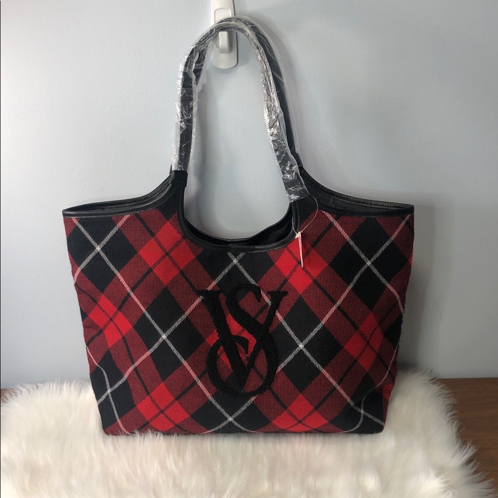 NWT Victoria's Secret Black Red Plaid Tote Bag - New VS Logo
